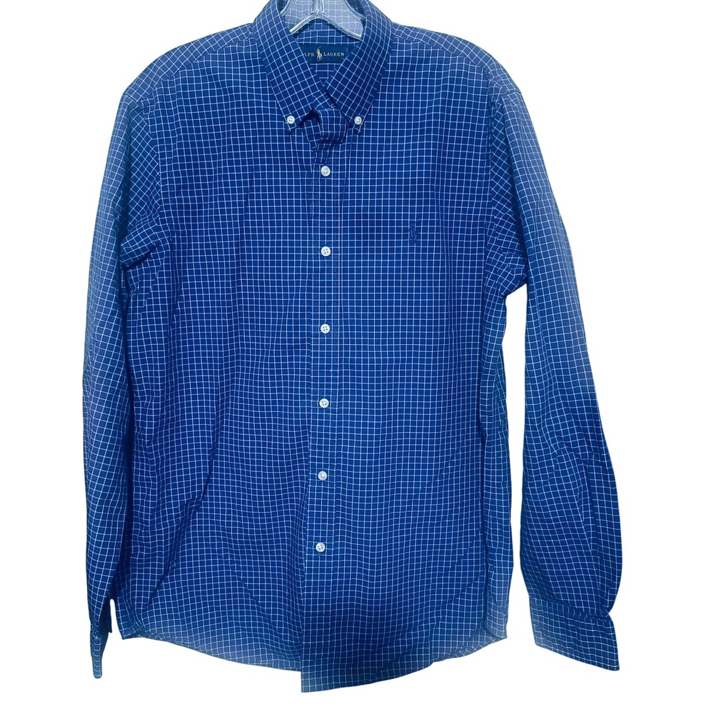 Ralph‎ Lauren Mens Blue 100% Cotton Button Down Shirt M Windowpane Grid Preppy